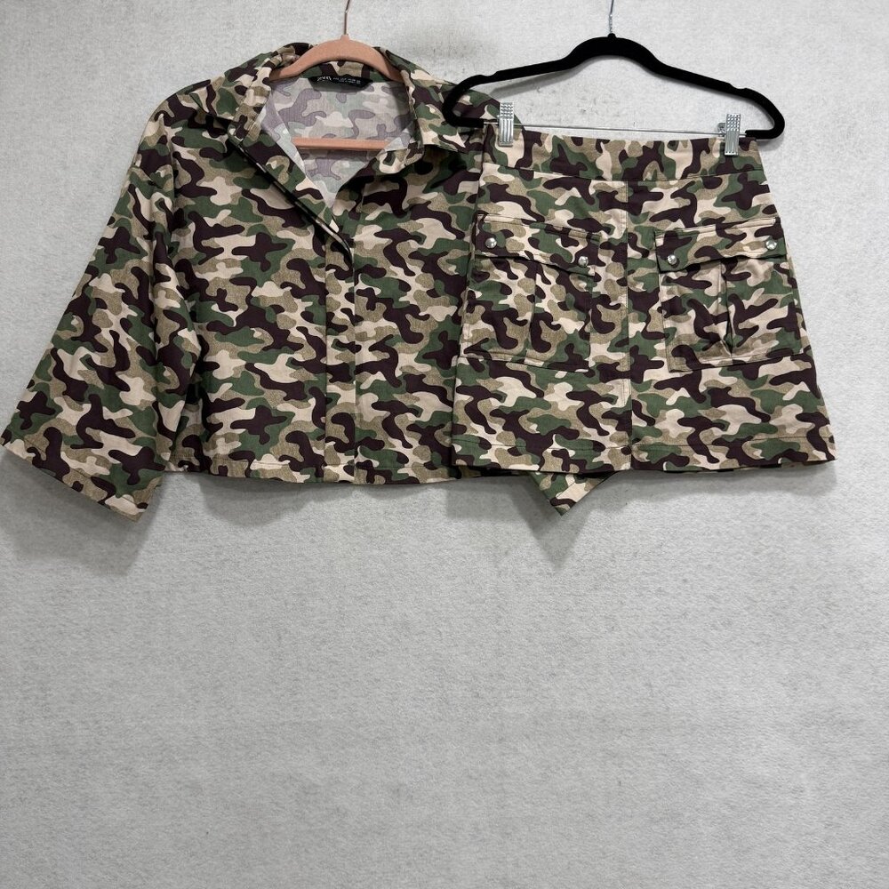 Zara Camo Shirt Skirt Set Womens XS Green Camouflage 2 Piece Military Utility - Picture 1 of 16